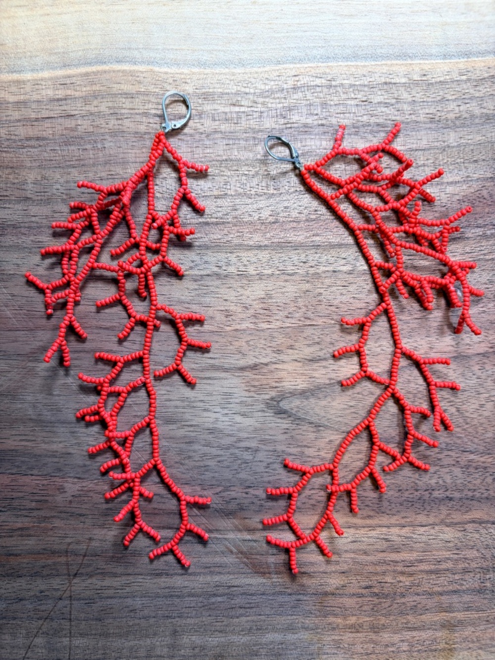 Hand Crafted Coral Branch Red Beaded Drop Earrings